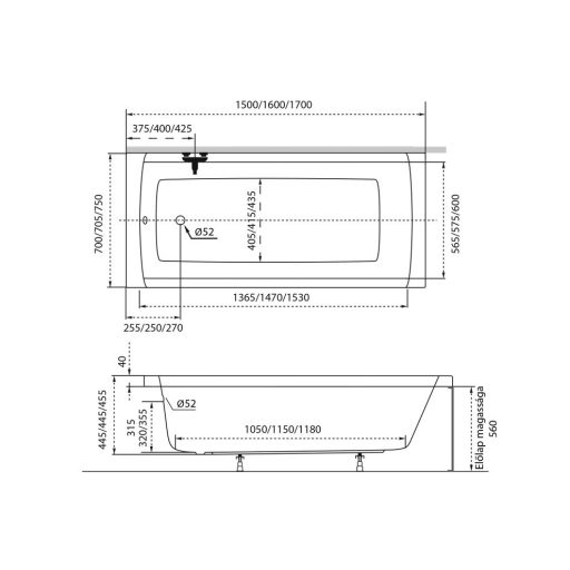 Fürdőkád acryl Viva 150x70 cm + kádláb + lefolyó