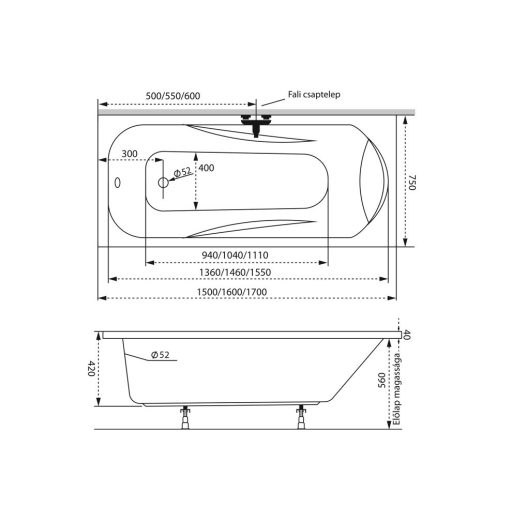 Fürdőkád acryl Sortiment 150x75 +kádláb+peremrögzítő