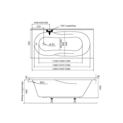Fürdőkád acryl Nora 150x70 +kádláb + peremrögzítő