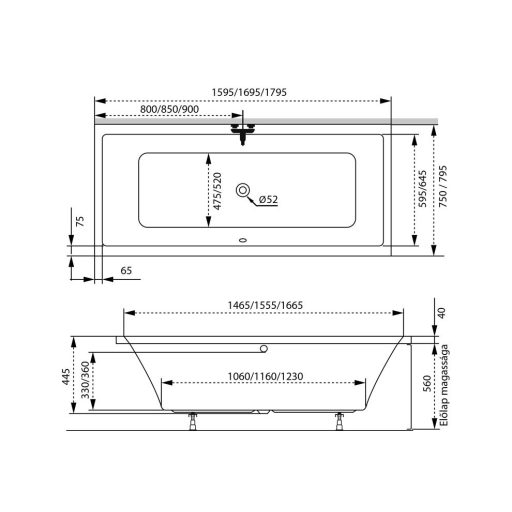Fürdőkád acryl Sabina 180x80 cm + kádláb + peremrögzítő