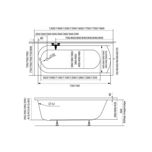 Fürdőkád acryl Mira 180x80 +kádláb+peremrögzítő