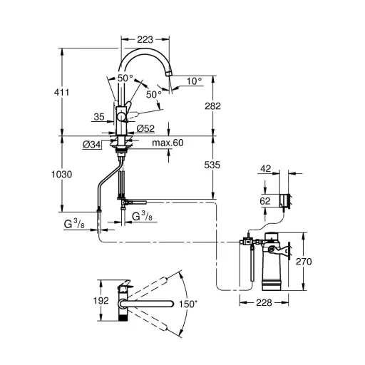 GROHE Blue Pure BauCurve vízszűrős csaptelep kezdőszett "S" méretű filterrel