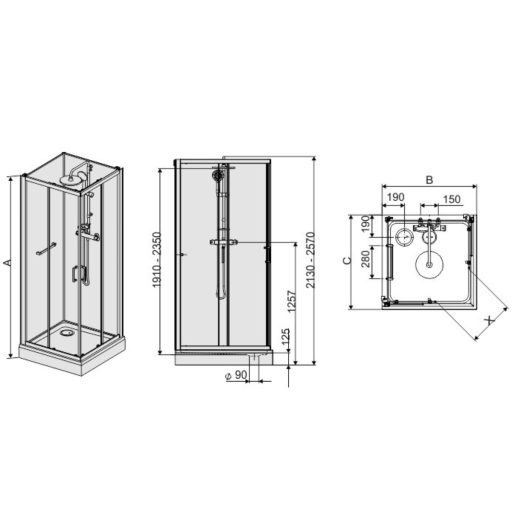 Négyoldalról zárt szögletes zuhanykabinok kpl-KCKN/ CLIIa-80 / fehér kerettel- fehér hátfallal