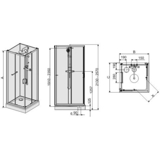 Négyoldalról zárt szögletes zuhanykabinok kpl-KCKN/CLIIa-90-S W0 üveggel /fehér kerettel és fehér hátfallal
