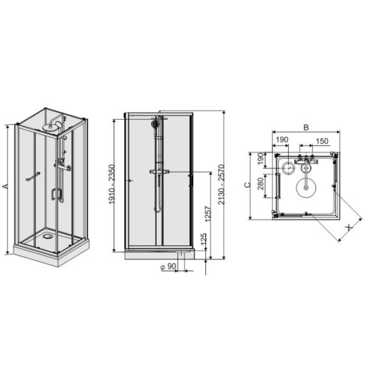 Négyoldalról zárt (négyfalas) zuhanykabinok kpl-KCKN/ CLIIa-90 / króm kerettel és ezüst hátfallal