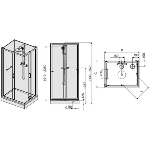 Négyoldalról zárt szögletes zuhanykabinok kpl-KCKN/CLIIa-80X100 W0 üveggel /fehér hátfallal és fehér kerettel