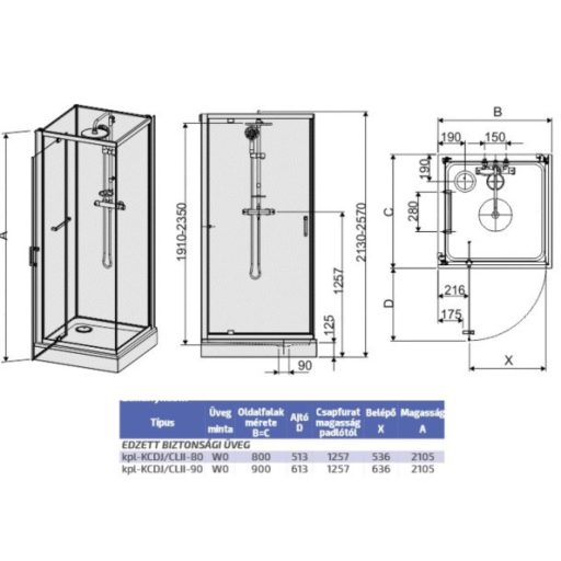 Négyoldalról zárt szögletes zuhanykabinok kpl-KCDJ/ CLIIa-80 /fehér kerettel és fehér hátfallal