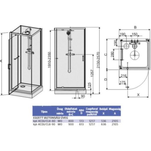 Négyoldalról zárt szögletes zuhanykabin szett kpl-KCDJ/ CLIIa-80 / króm kerettel és ezüst hátfallal /W18 üveggel