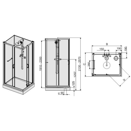 Négyoldalról zárt szögletes zuhanykabinok kpl-KCDJ/ CLIIa-90 /fehér kerettel és fehér hátfallal /W0 üveggel