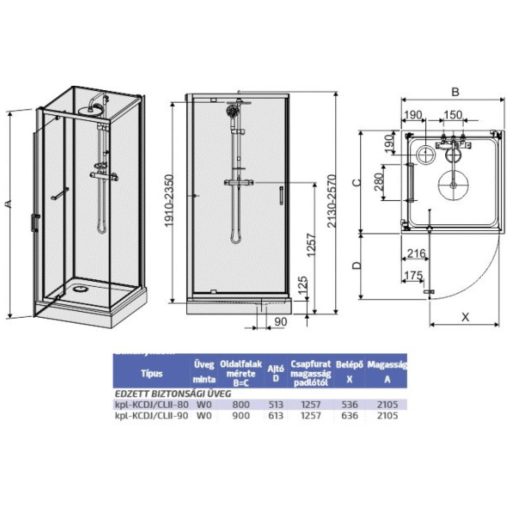 Négyoldalról zárt szögletes zuhanykabinok kpl-KCDJ/ CLIIa-90 /króm kerettel és ezüst hátfallal /W0 üveggel