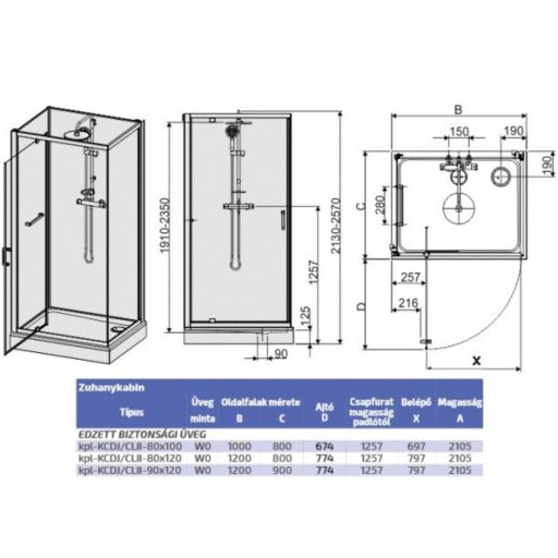 Négyoldalról zárt szögletes zuhanykabinok kpl-KCDJ/ CLIIa-80x100 /króm kerettel és ezüst hátfallal /W0 üveggel