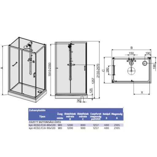 Négyoldalról zárt szögletes zuhanykabinok kpl-KCD2/ CLIIa-80x120 / fehér kerettel és fehér hátfallal /W0 üveggel