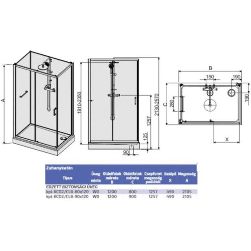 Négyoldalról zárt szögletes zuhanykabinok kpl-KCD2/ CLIIa-90x120 / króm kerettel és ezüst hátfallal /W0 üveggel