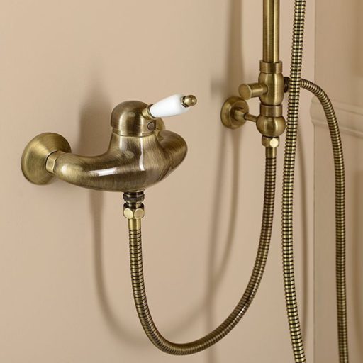 KIRKÉ zuhanycsaptelep zuhanyszett nélkül, fehér kerámia karral, bronz